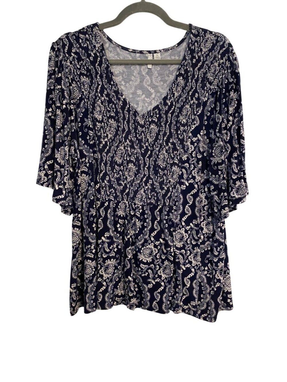 Est. 1946 Women's XL Top Navy & White Floral V-Neck Short Sleeves Boho Cottage
